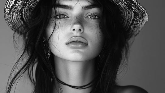 A model in a flowing dress adorned with bohemian style jewelry, featuring layered turquoise necklaces and oversized rings, captured in a 1960s festival setting with a historic archive photo effect.