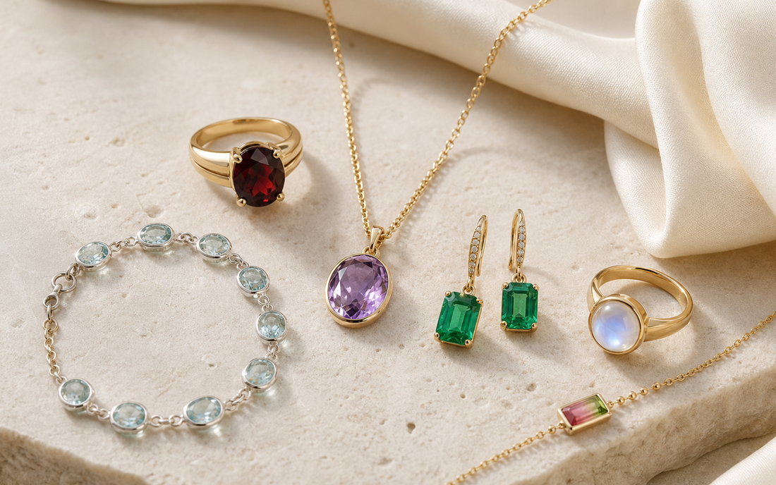 Selection of colorful birthstone rings, necklaces, bracelets, and earrings arranged on pale stone and silk.