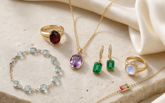 Selection of colorful birthstone rings, necklaces, bracelets, and earrings arranged on pale stone and silk.