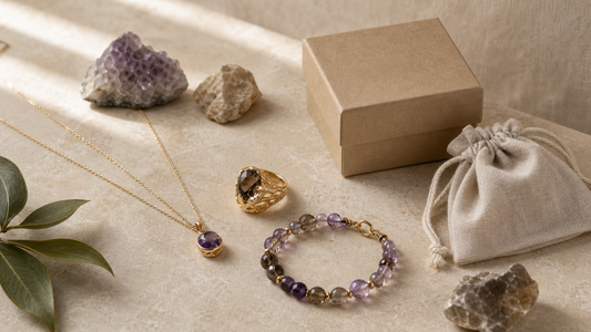 Ethical crystal jewelry with natural gemstones, a paper gift box, and a reusable fabric pouch