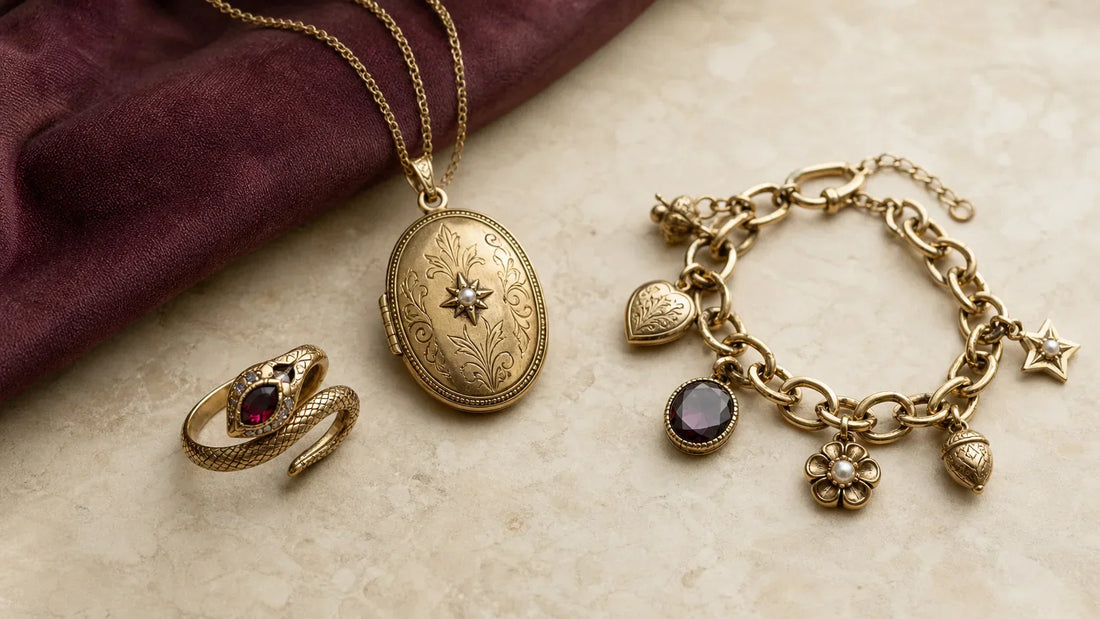 Victorian-inspired serpent ring, oval locket necklace and charm bracelet arranged on cream stone and burgundy fabric.